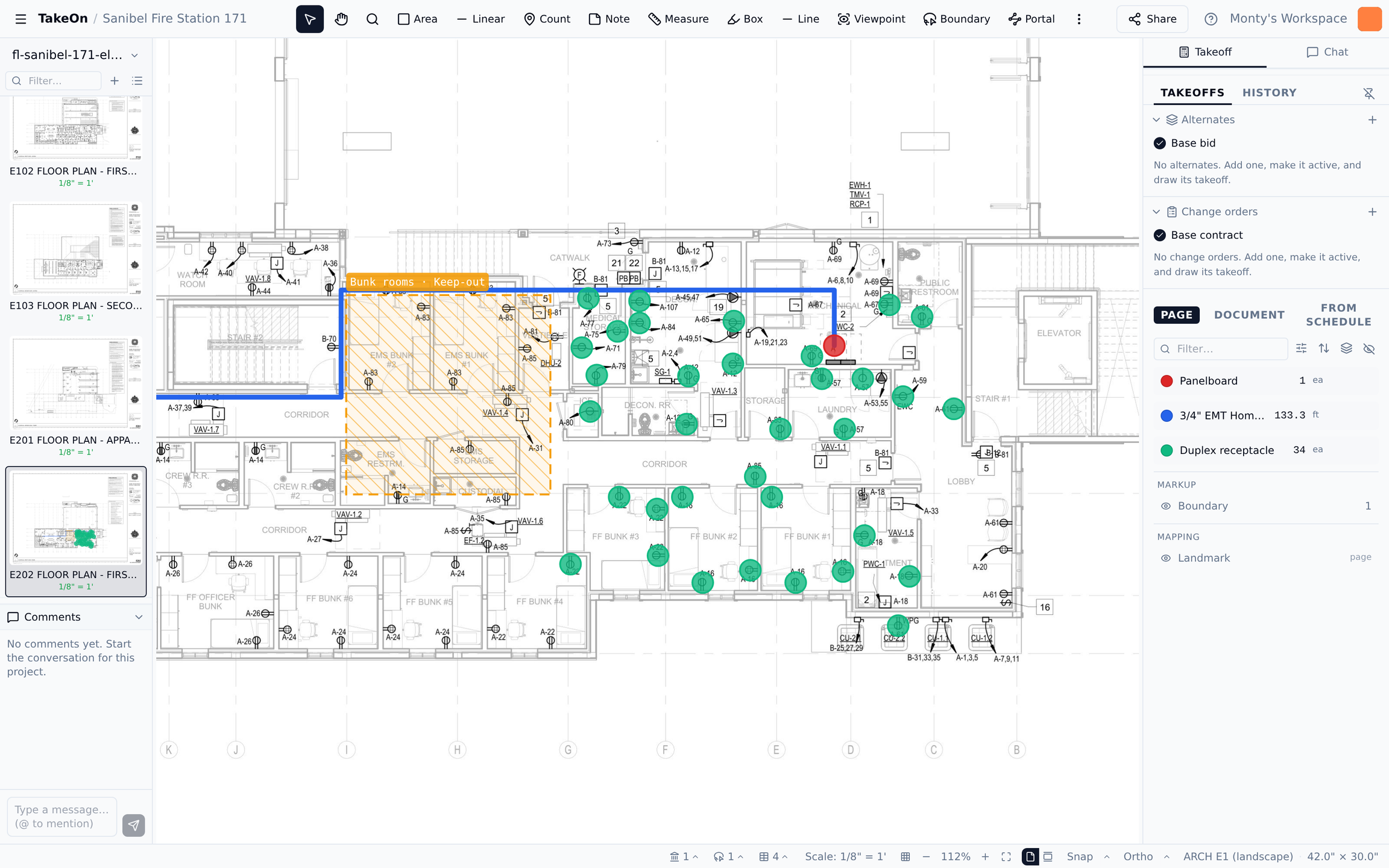 TakeOn on a first-floor power plan: receptacles counted in green, a homerun routed around a hatched keep-out zone to Panel A, and the takeoff totals — 34 receptacles, 133 ft of EMT, one panelboard — in the side panel