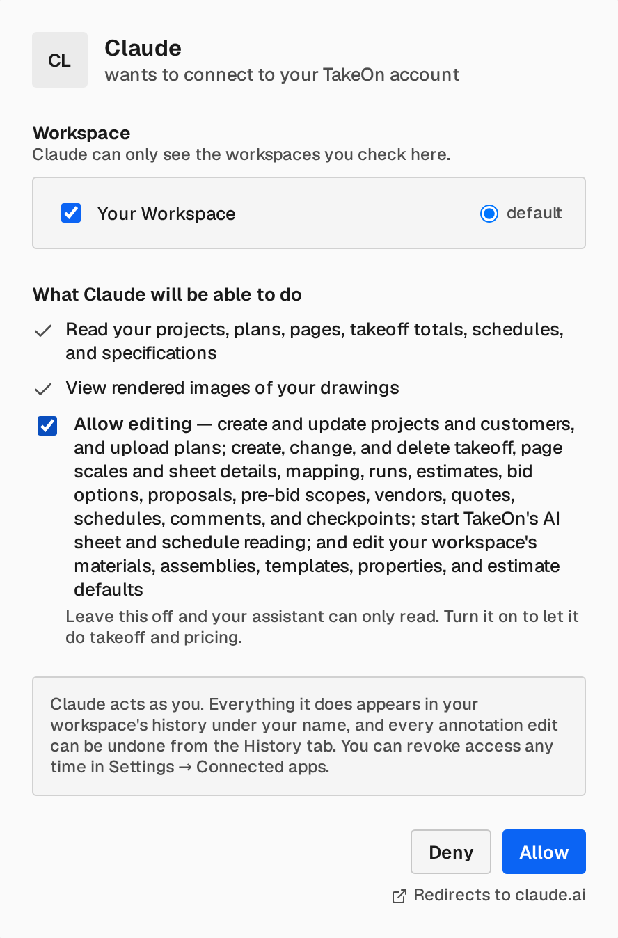 The TakeOn consent screen: Claude wants to connect to your TakeOn account, with one workspace checked, the read permissions listed, and the Allow editing box ticked