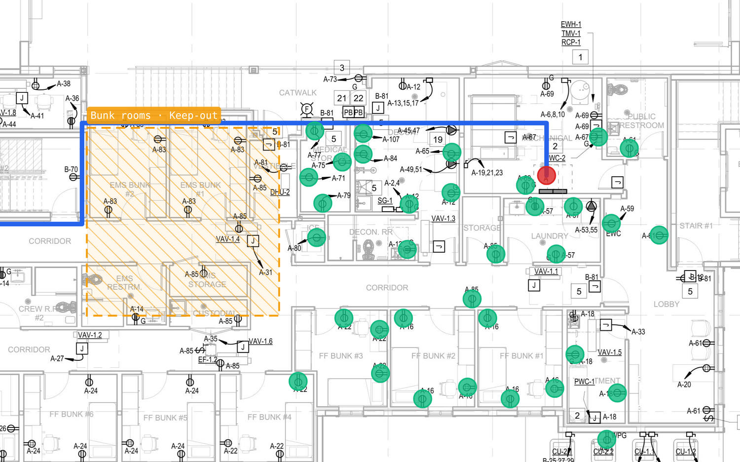 A homerun auto-routed to Panel A on a floor plan, running around a hatched keep-out zone